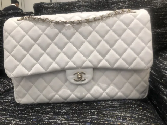 NEW 24C CHANEL XXL White Caviar Classic Travel Flap Bag Gold CC Handbag 😍