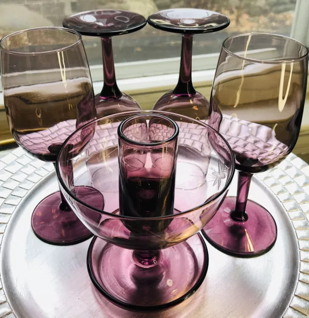 6 Hand Blown Amethyst Purple Wine Starburst Atomic Dessert Attached Base Glass