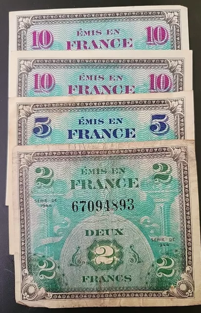 France banknote allied military currency 2 5 10 francs WW2 P-116 P-115 VG to UNC