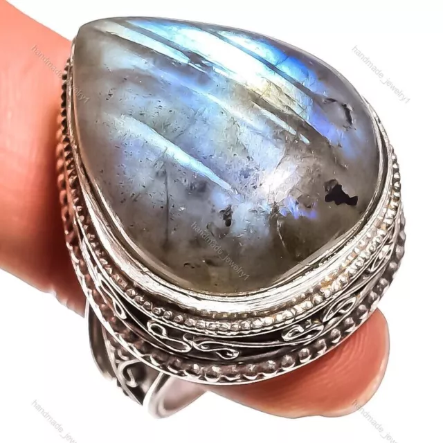 Natural Labradorite Gemstone Solitaire Ring Size 8 925 Sterling Silver For Women