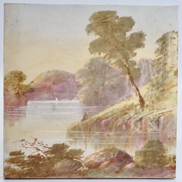Antique Fireplace Tile Hand-Painted Landscape Design C1900