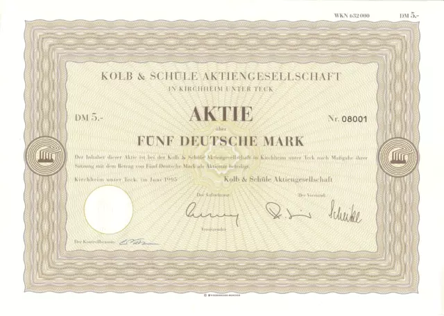 Kolb & Schüle AG, Aktie 5 DM - Kirchheim unter Teck 1995 --  Masternet AG