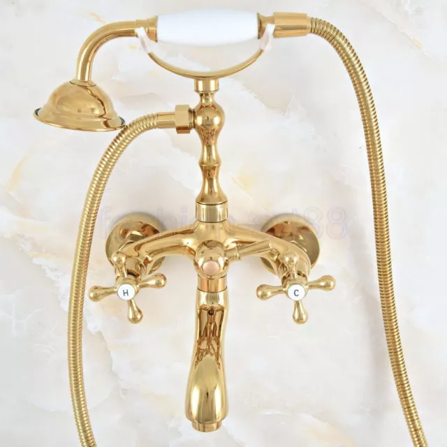 Wall Mount Claw-foot Bathtub Faucet Tub Filler Handheld Shower Gold Brass fna803