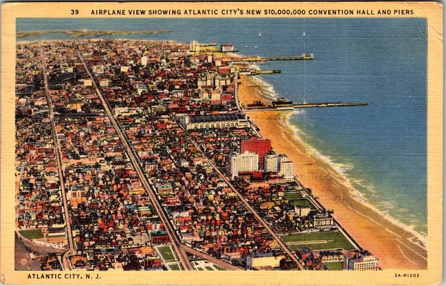 Atlantic City NJ-New Jersey Aerial City View Piers, Beach Vintagec1942 Postcard