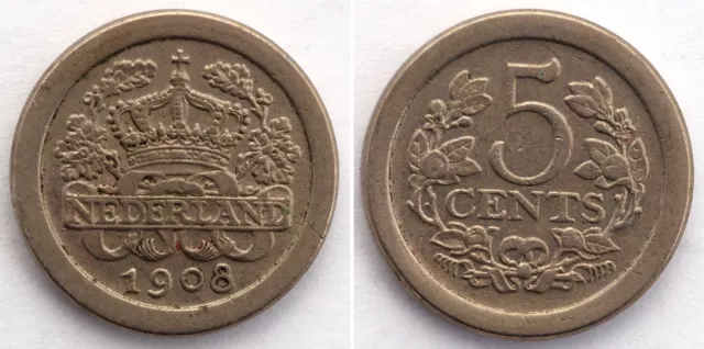 Niederlande/Nederland 5 Cents 1908 Cu-Ni Krone