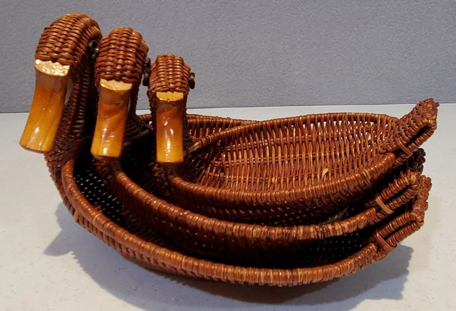 3 Wicker Duck Shaped Baskets With Wooden Beaks