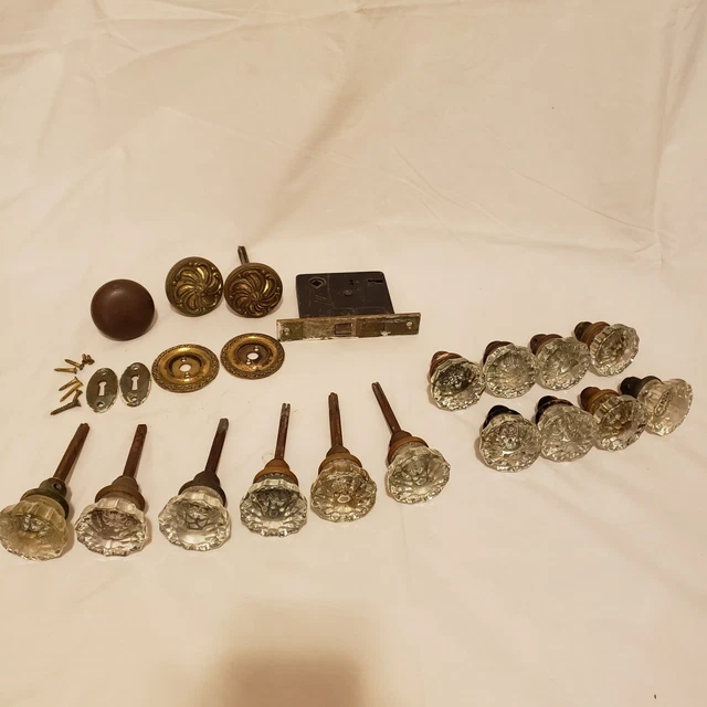 Lot of 14 Vintage Glass Door Knobs + 2 Brass + Hardware + Brass Fittings