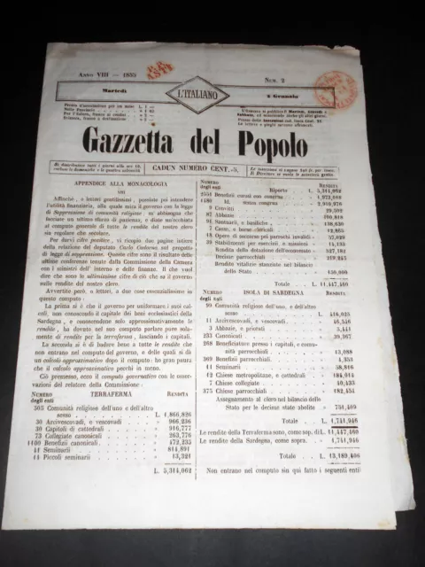 Risorgimento Cavour Torino - Giornale Gazzetta del Popolo n° 2 del 1855