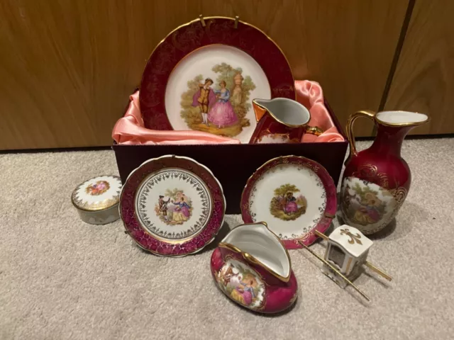 8x Limoges La Reine Porcelain Plates Jug Miniature Collectible Gilded Set France