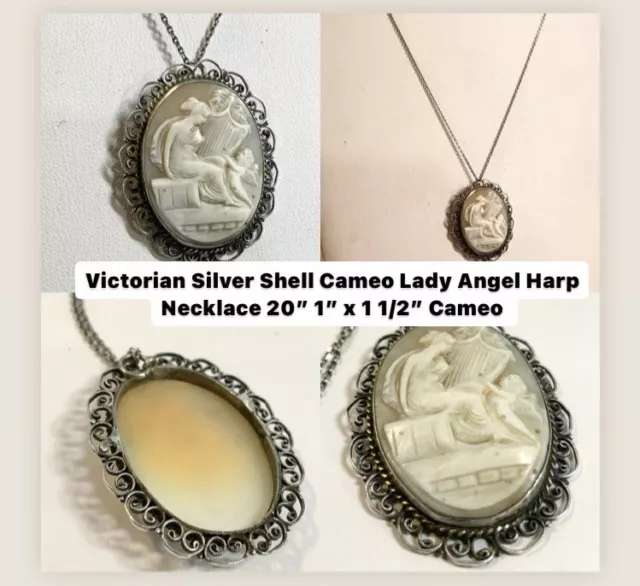 Victorian Shell Cameo Sterling Necklace Lady & Angel With Harp 20”