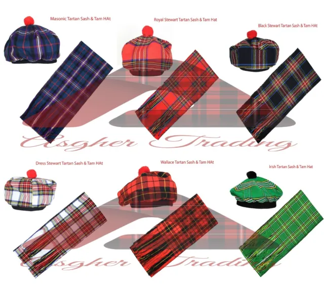 Scottish Highland Tartan Scarf Traditional Tam o' Shanter Bonnet KILT Hat & Sash