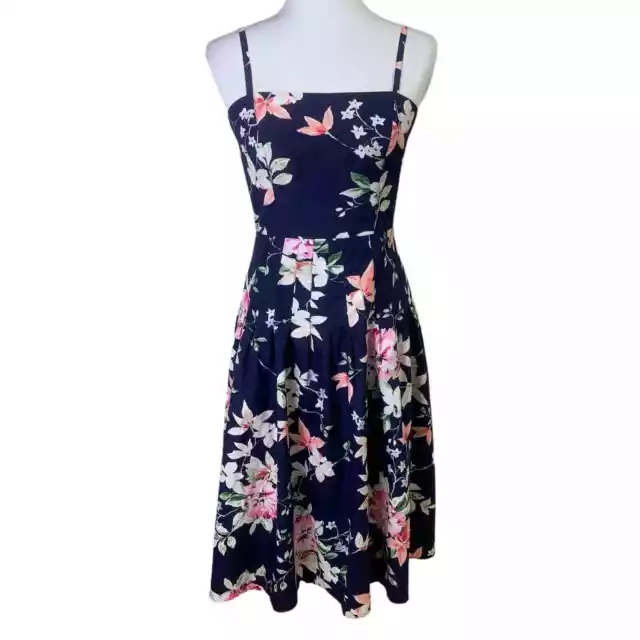 Eliza J. Sz 2 Floral Print Fit And Flare Dress Blue Pleated Spaghetti Strap Chic