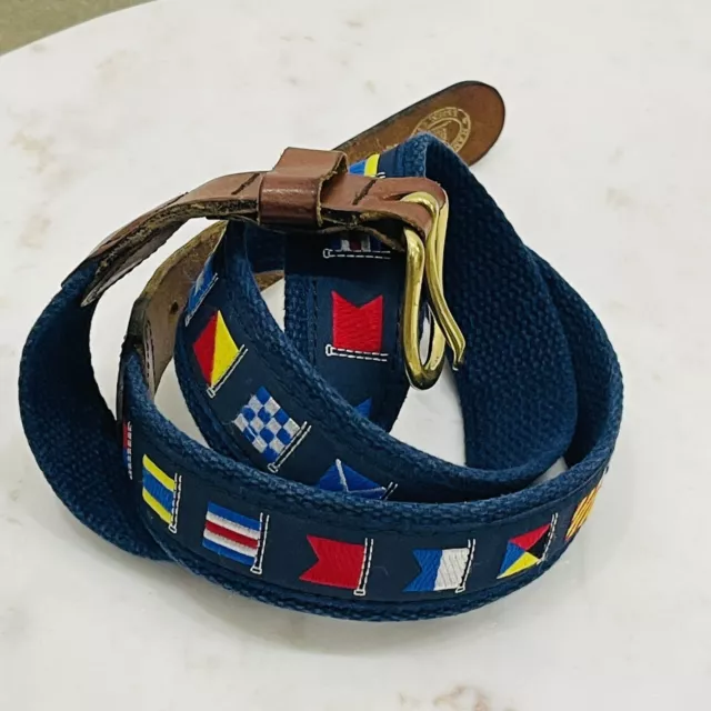 Leather Man Sz 38 Belt Nautical Flags Hand Made Essex CT USA Brass Buckle