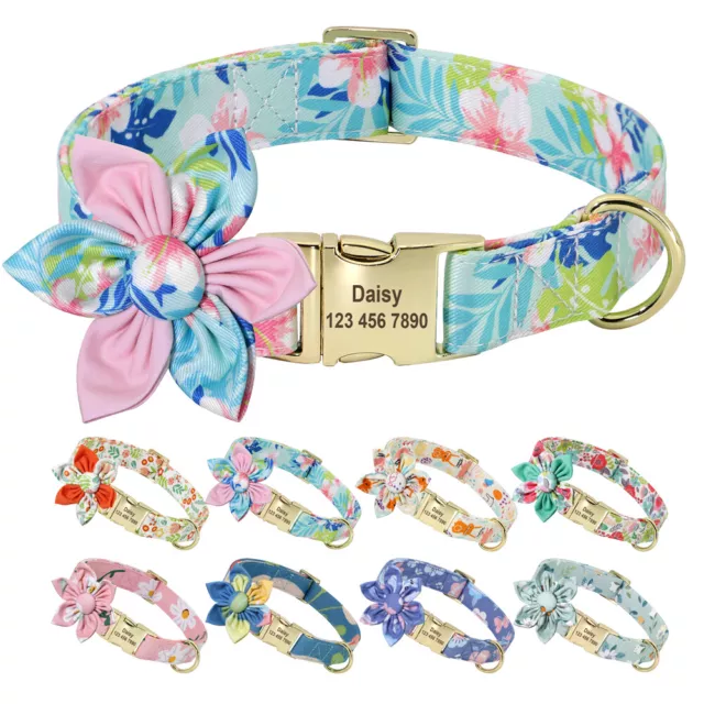 Cute Personalised Dog Collar Big Flower Custom Pet Puppy Name ID Engraved XS-L