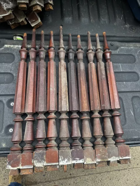 Lot of 10 c1870 mahogany turned staircase spindle balusters - 25-26” x 2” sq btm