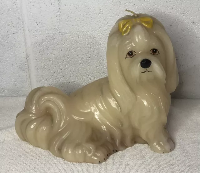 Cute Vintage Lhasa Apso Dog Wax Candle Figurine Bow 7”x9”