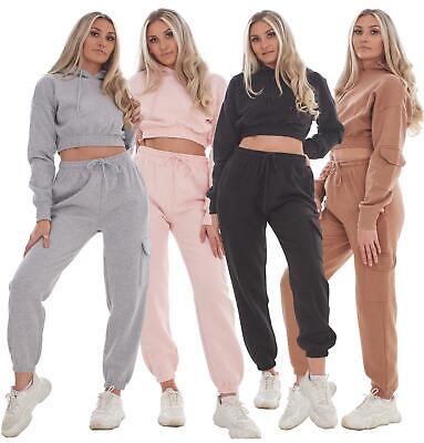 Ladies Hooded Plain Tracksuit 2 Pieces Ribbed Cuff Sweatshirts Cargo Joggers