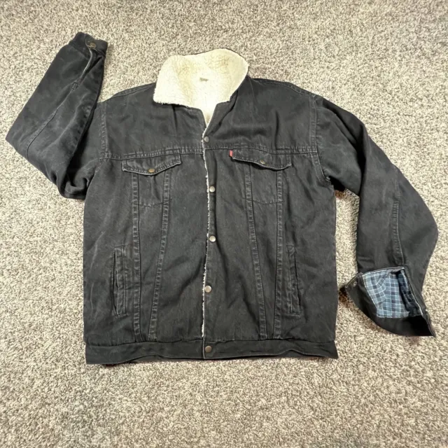 Levis Sherpa Lined Black Denim Jean Jacket Button Up Mens Size 44 Large