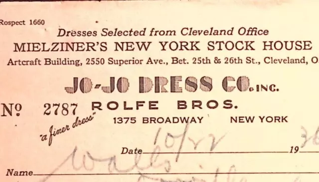 1936 Jo-Jo Dress Co Rolfe Bros Walls Store Orrville Oh Billhead Invoice Z256