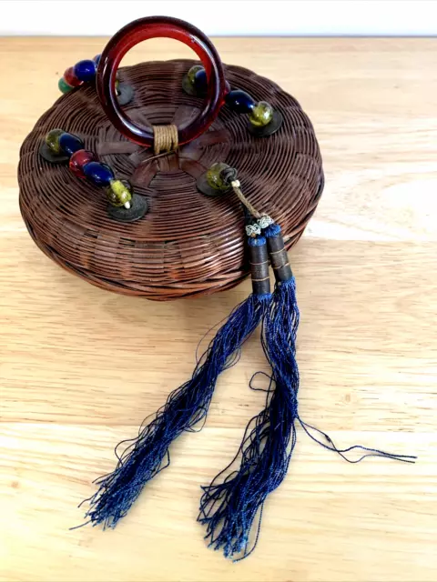 Vtg Antique Miniature Chinese Asian Wicker Silk Tassel Glass Bead SEWING BASKET