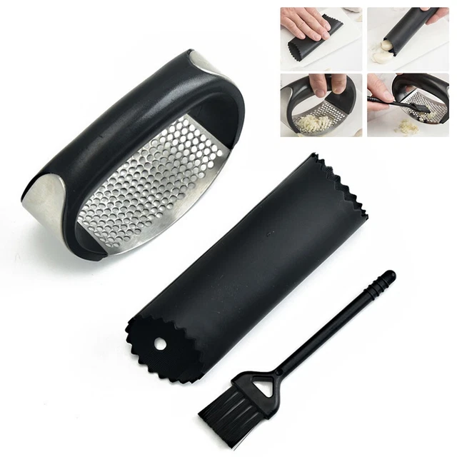 Práctico molino de mano prensado de ajo plata + negro acero inoxidable simple