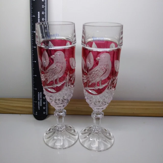 Set Of 2 Amaris Nachtmann Hofbauer Cranberry Champagne Flute White Bird Vintage