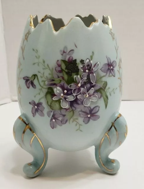 Vintage Inarco Porcelain Japan 3 Footed Vase Egg Lavendar Flowers w Gold Trim