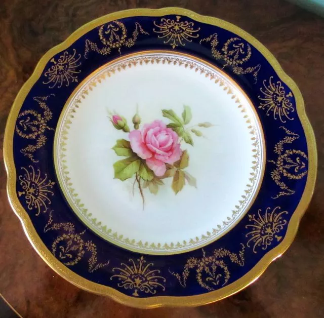 Coalport Antique Cobalt Blue Gold & Pink Rose Fancy Cabinet Plate Hand Painted