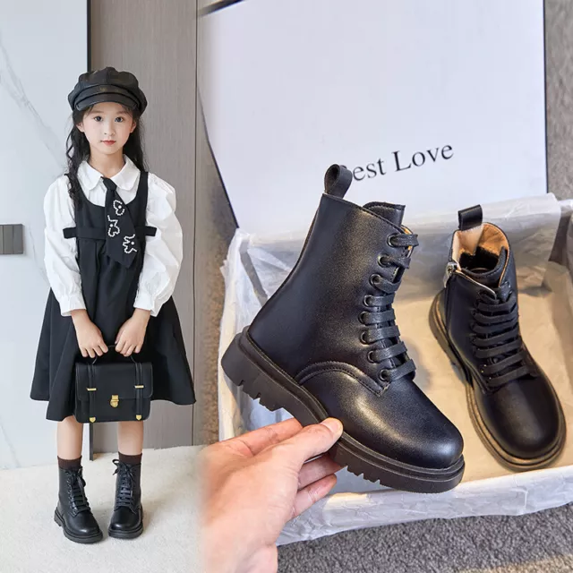 Girls Childrens Kids Lace Up School Winter Casual Ankle Biker Boots Shoes Flat