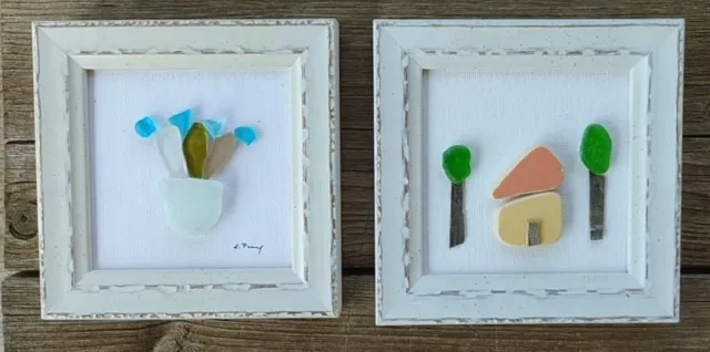 Flowers Home pebble art framed 2PC,Sea glass Beach wall decor, home decor gift