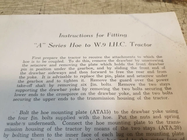 1950S ? HOWARD A SERIES HOE Attachment Instructions for INTER W9 ...