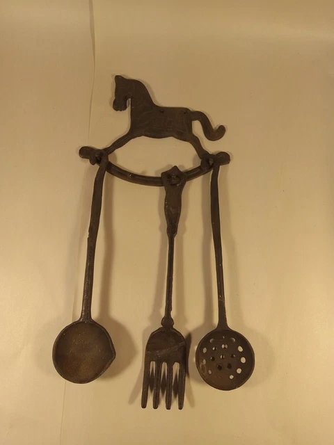 Cast Iron Rocking Horse  Utensil Holder Wall Hanging Rustic With Fork & Spoons