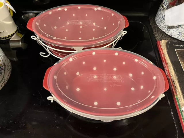 Temptations Red Polka Dot Oval 1.5 2.5 Casserole Baking Dish Trivet Carrier Lids