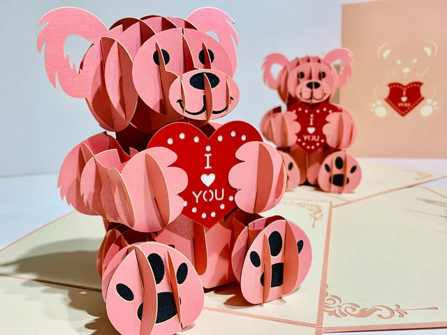 ORIGAMI POP CARDS Pink Love Teddy Bear 3D Pop Up Greeting Card Birthday ...