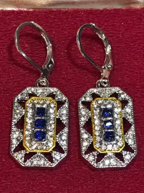 Art Deco Style Geometric Sparkling Sapphire Blue & Silver Crystal Drop Earrings