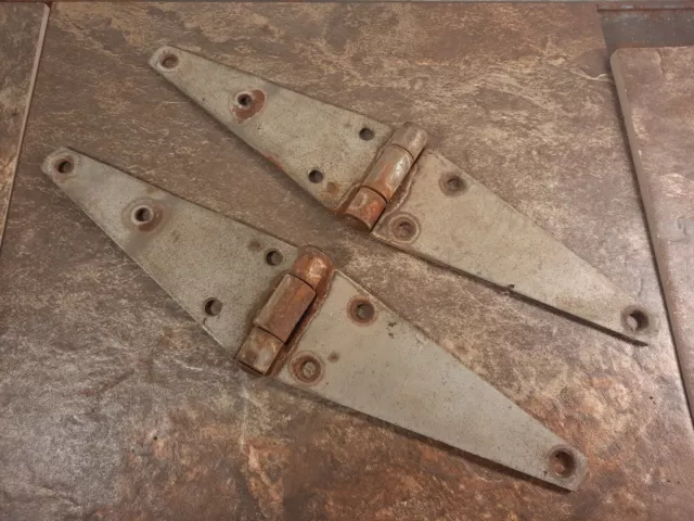 (2) Antique Iron Forged Heavy Barn Salvage Strap Iron Hinges - 12"