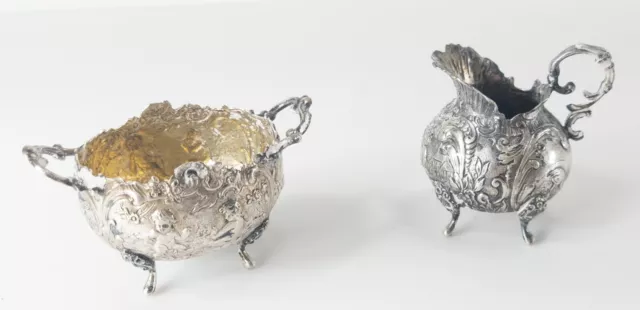 Antique German 800 Silver Demitasse Sugar and Creamer Set with Cupids Cherubs