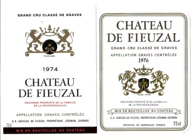 2 étiquettes Chateau de Fieuzal 1974 et 1976.Intactes.Grand Cru Classé de Graves