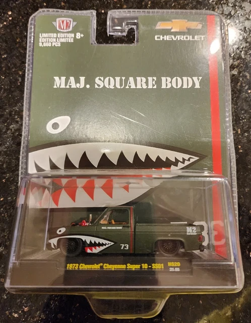 M2 Machines Maj. Square Body 1973 Chevy Cheyenne Super 10 Shark Bomber OD Green M2 Machines Maj. Square Body 1973 Chevy Cheyenne Super 10 Shark Bomber OD Green