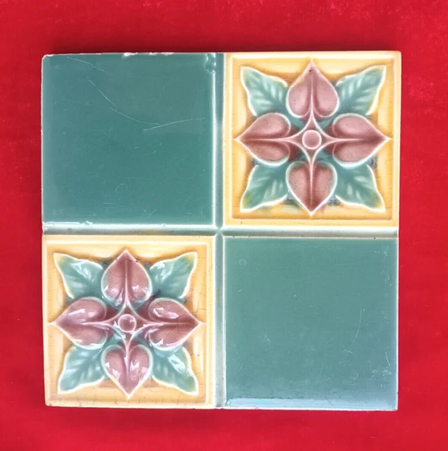 1 Piece Old Art Flower Design Embossed Majolica Ceramic Tiles England 0378