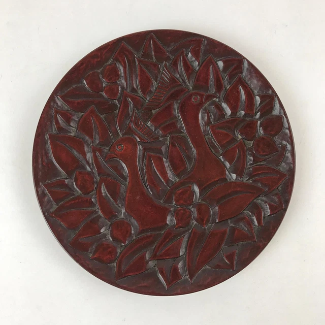 Japanese Lacquered Wooden Serving Tray Vtg Kamakurabori Round Obon Red Bird L54