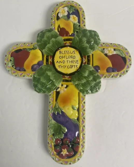 Friendship Garden Stone “Bless Us Cross” Ceramic Wall Decor Fruits Flowers