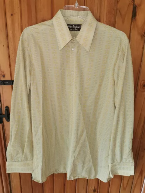 Peter England Vintage Nylon Mens Shirt 15.5"  Light Olive Green Broken Stripe