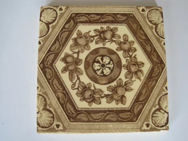 Antique Victorian Malkin Brown Transfer Print Tile - Fruit & Shells C1870-1900