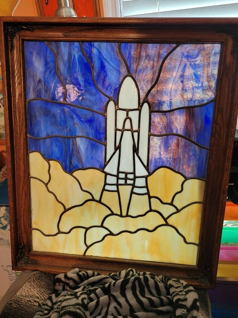 OOAK Vintage Stained Slag Glass Window NASA Space Shuttle Challenger 23x27 Frame