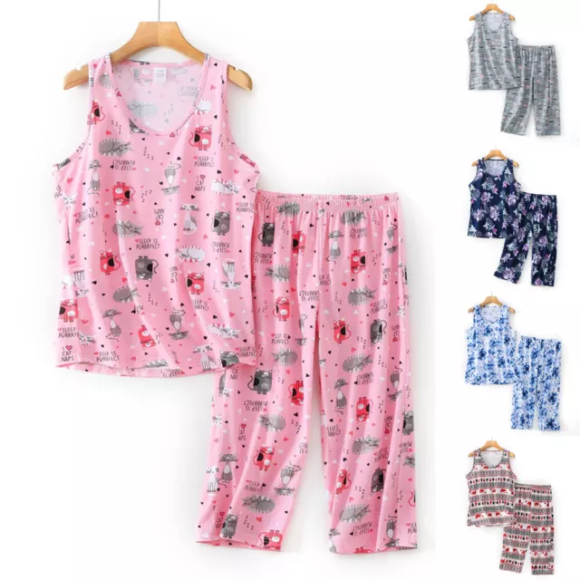 Summer Pyjama Set PRINT Pjs Womens Vest Top Pants Loungewear Nightwear Plus Size