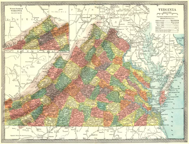 VIRGINIA state map. Counties 1907 old antique vintage plan chart