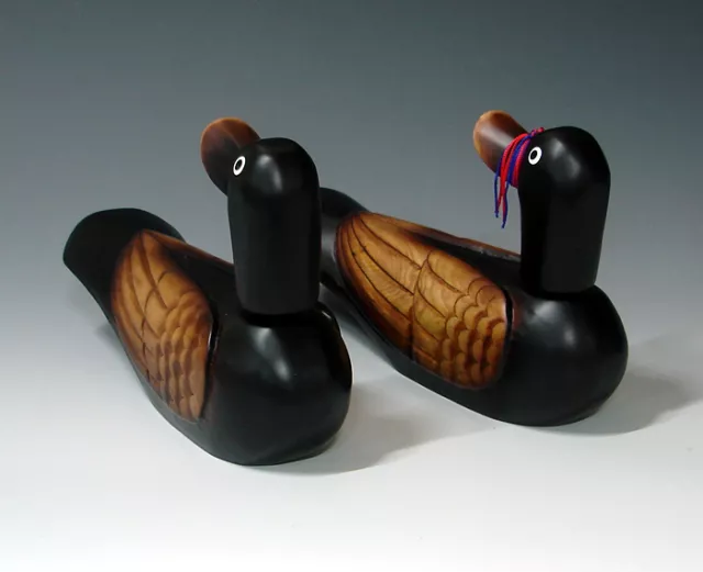 Wooden Wood Carved Geese Duck Figurine Deco Birds Pair 3