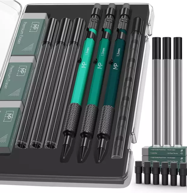 - Metal Mechanical Pencils Set with Lead and Eraser Refills, 3 Pack, 1.3 Mm Mech