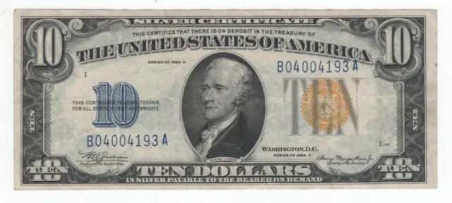 Series of 1934A US Silver Certificate $10, North Africa/Europe FR2309 Circulated